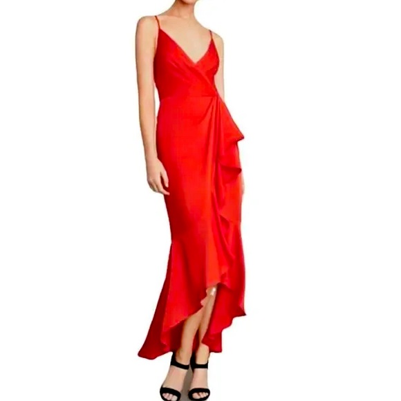 BCBGMAXAZRIA Sleeveless Faux Wrap Ruched Ruffle Asymmetrical High Low Maxi Dress - Picture 1 of 4